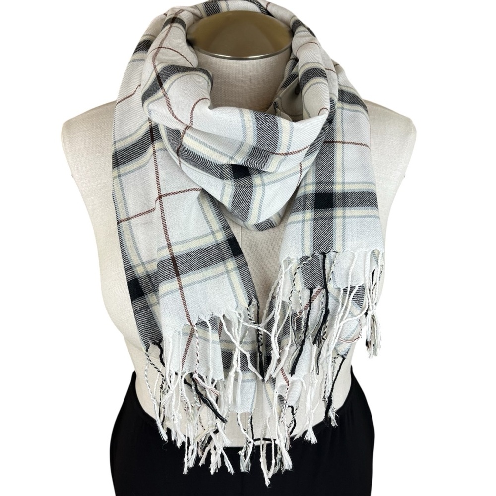 Nicole Marciano Plaid Scarf with Fringe - Black and Off-White - Fall
